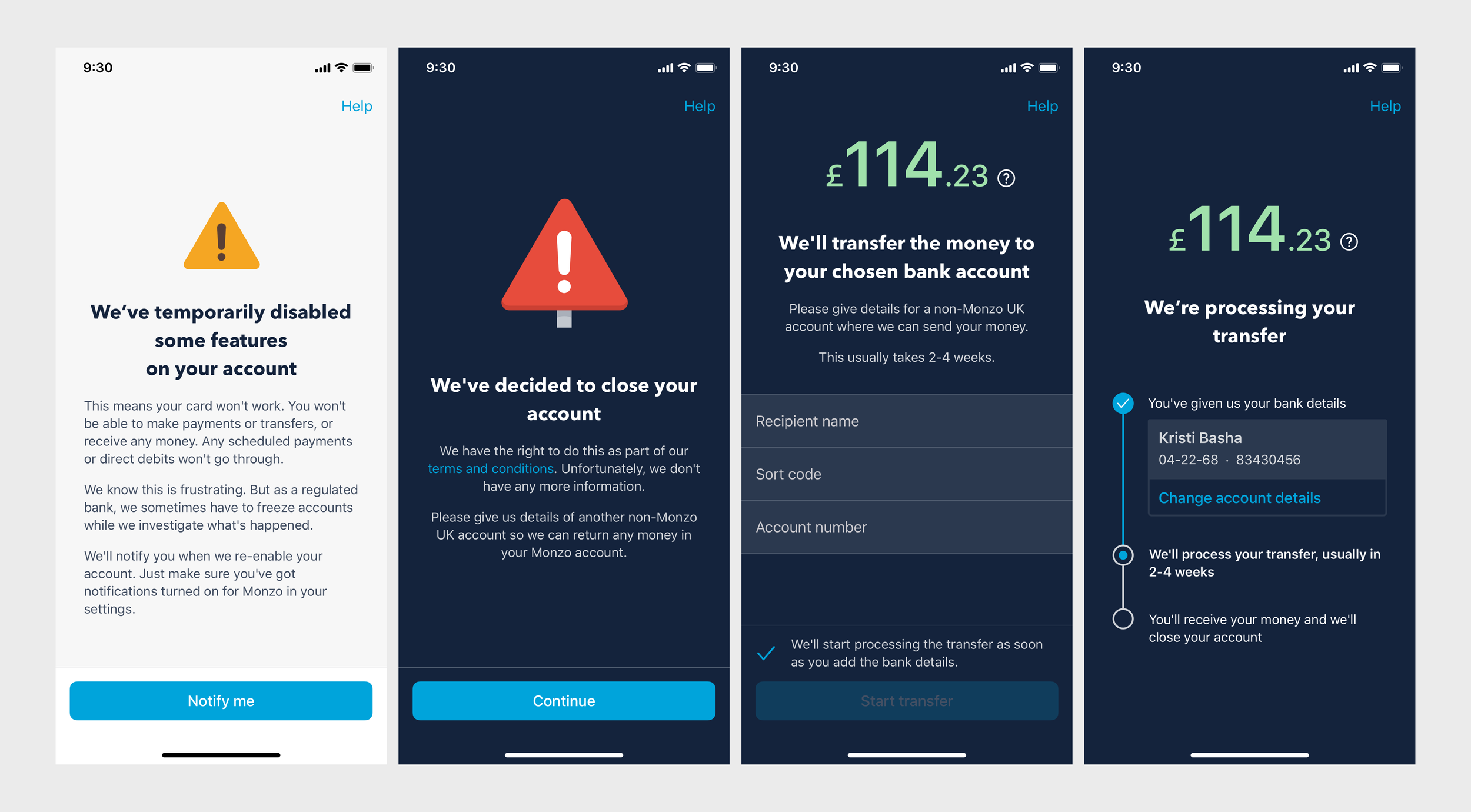 In-app flow asking for alternative bank details