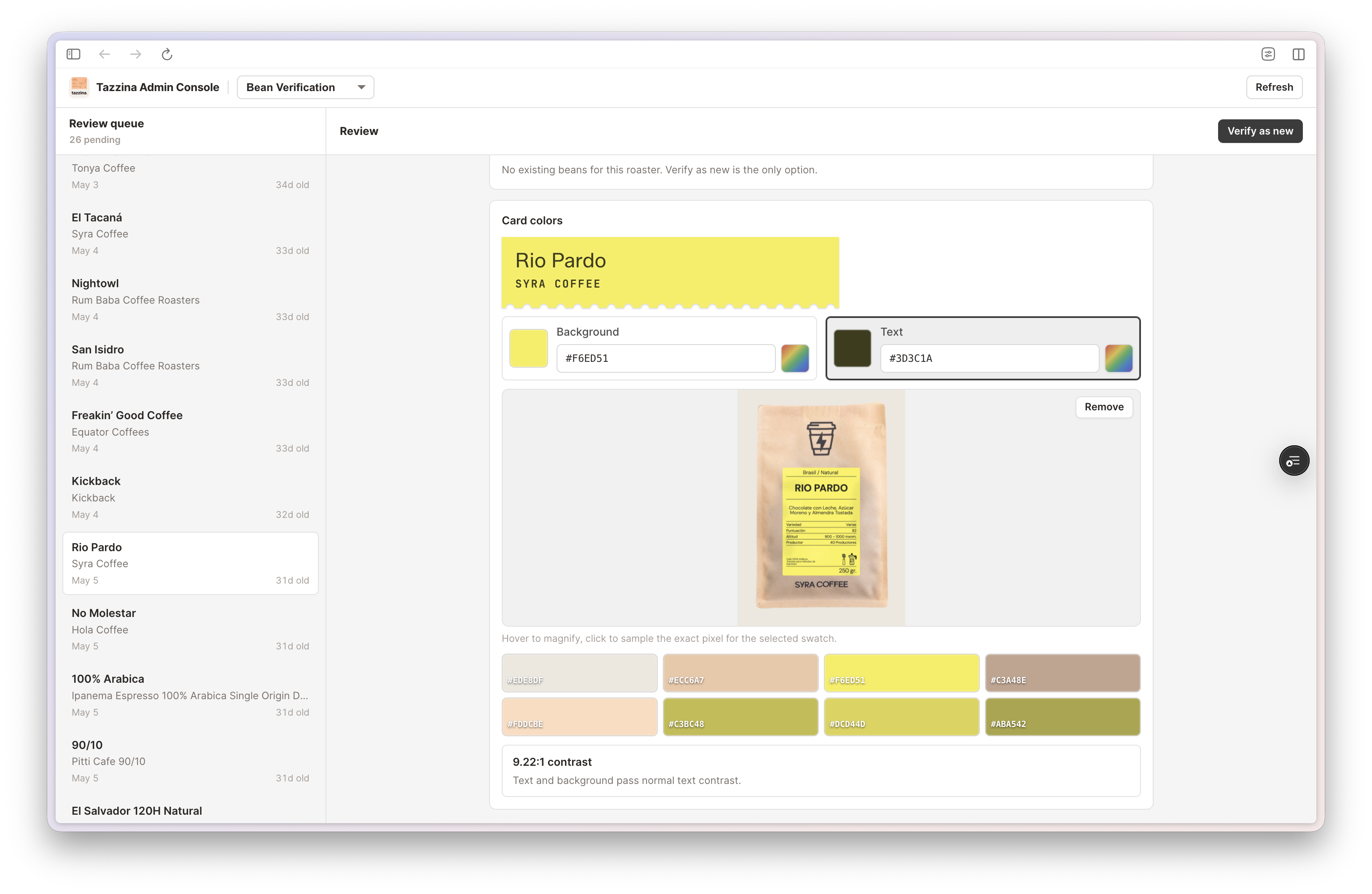 Tazzina admin console showing bean card color selection and contrast checking
