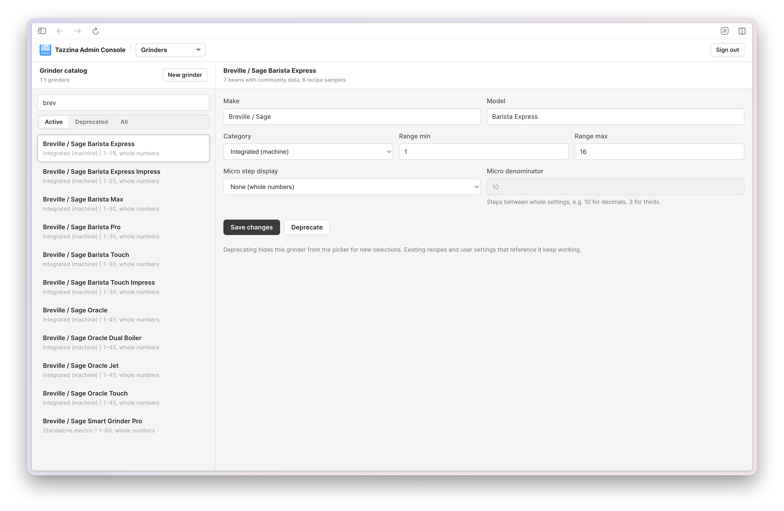 Tazzina admin console showing the grinder catalog and per-grinder range settings