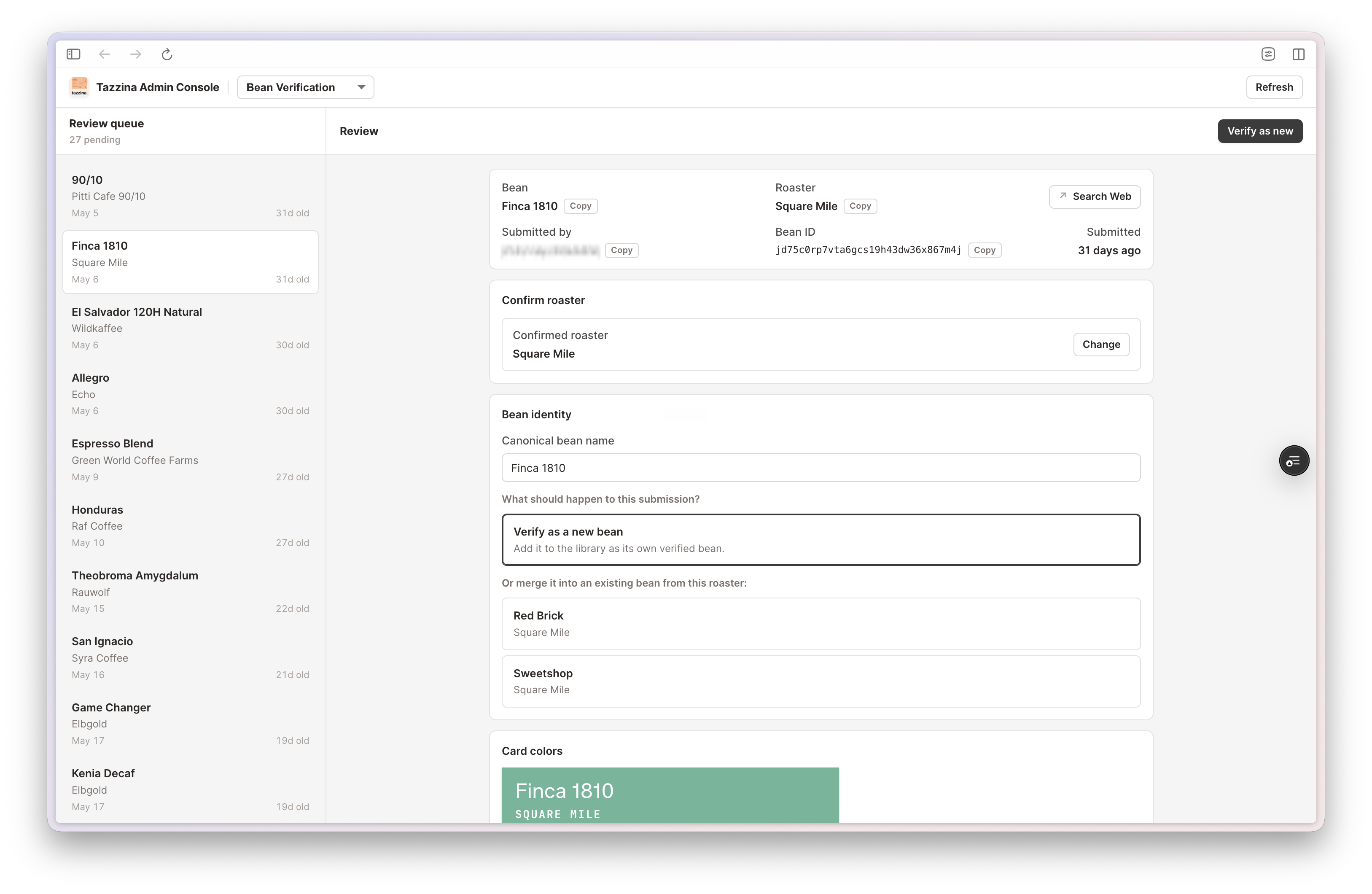 Tazzina admin console showing a bean verification review queue