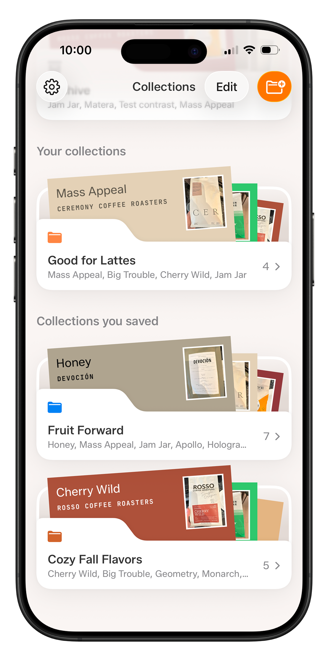 Tazzina collections screen with stacked bean cards using coffee-bag artwork