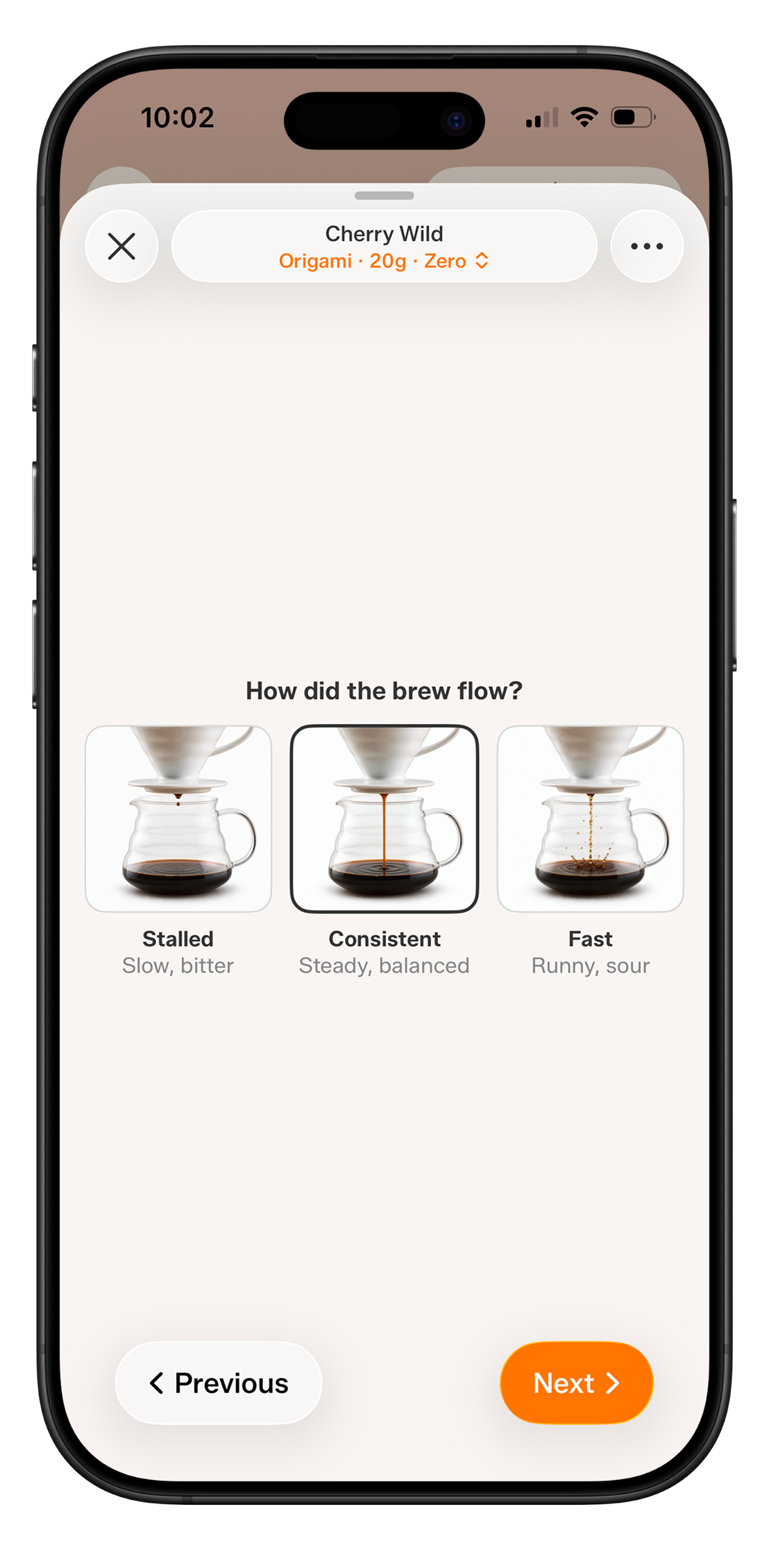 Tazzina guided dial-in step asking how the brew flowed, with photos of a pour-over running slow, steady, and fast