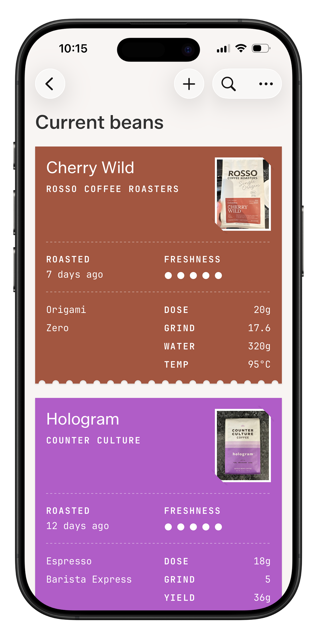 Tazzina home screen listing current beans as cards with roast date, freshness, and saved recipe