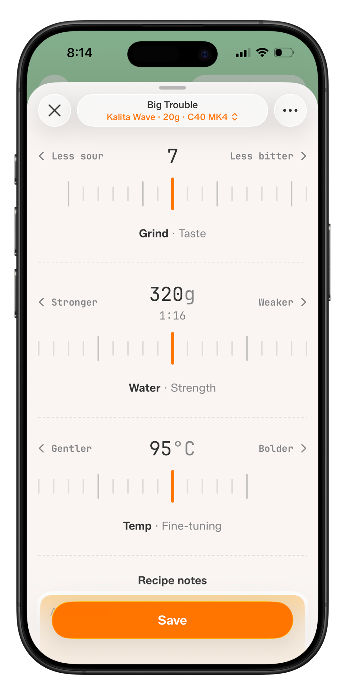 Tazzina recipe screen with sliders for grind, water, and temperature