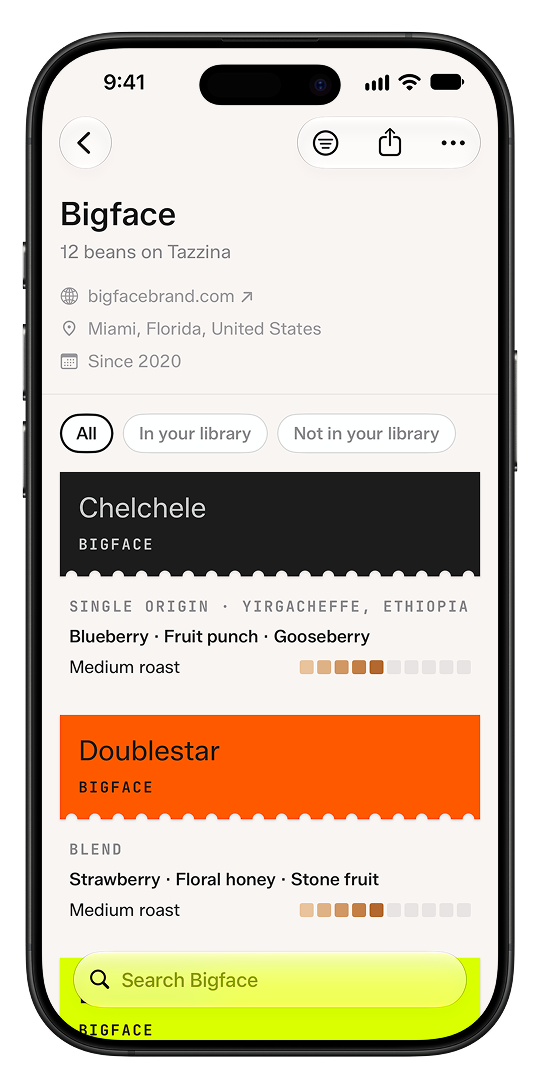 Tazzina roaster page for Bigface listing its beans with origin, tasting notes, and roast level