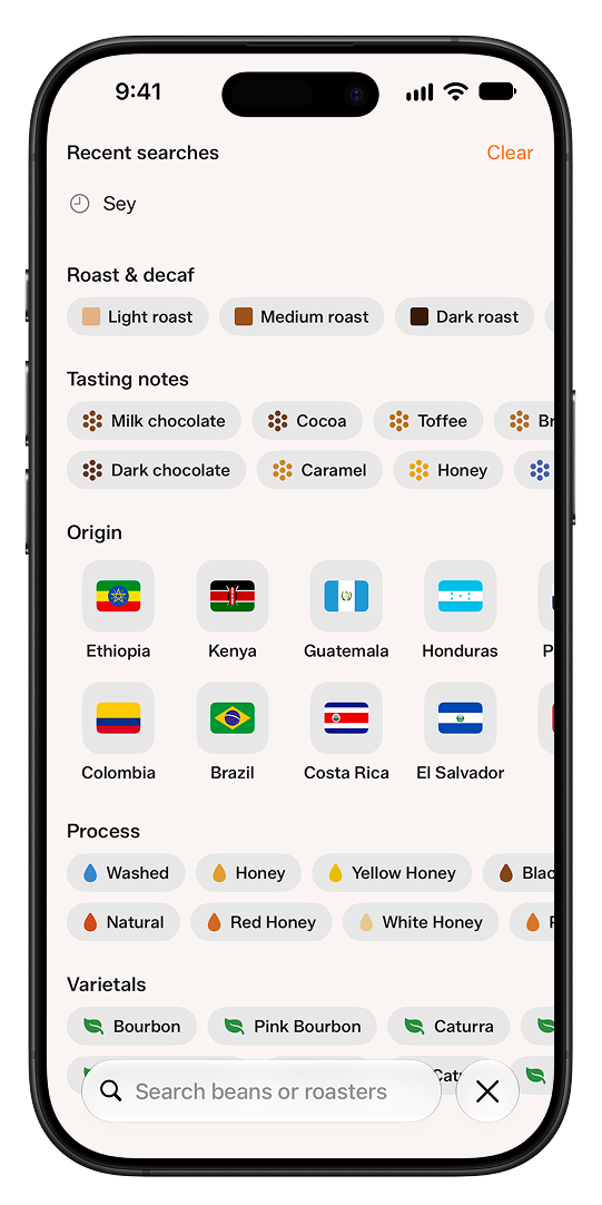 Tazzina search screen with filters for roast, tasting notes, origin, process, and varietal